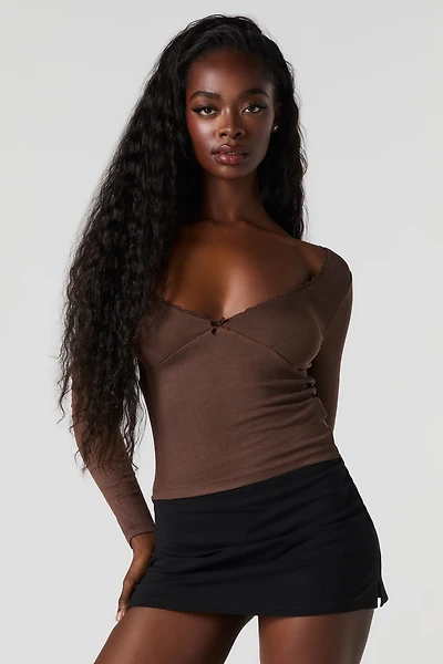 Lace Trim V-Neck Long Sleeve Top