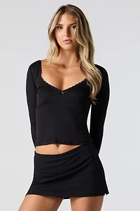 Lace Trim V-Neck Long Sleeve Top