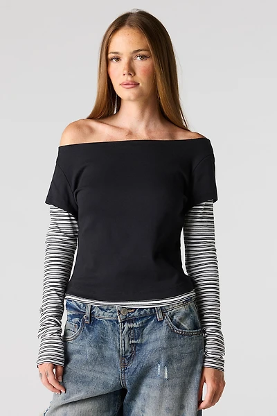 Twofer Long Sleeve Off Shoulder Top