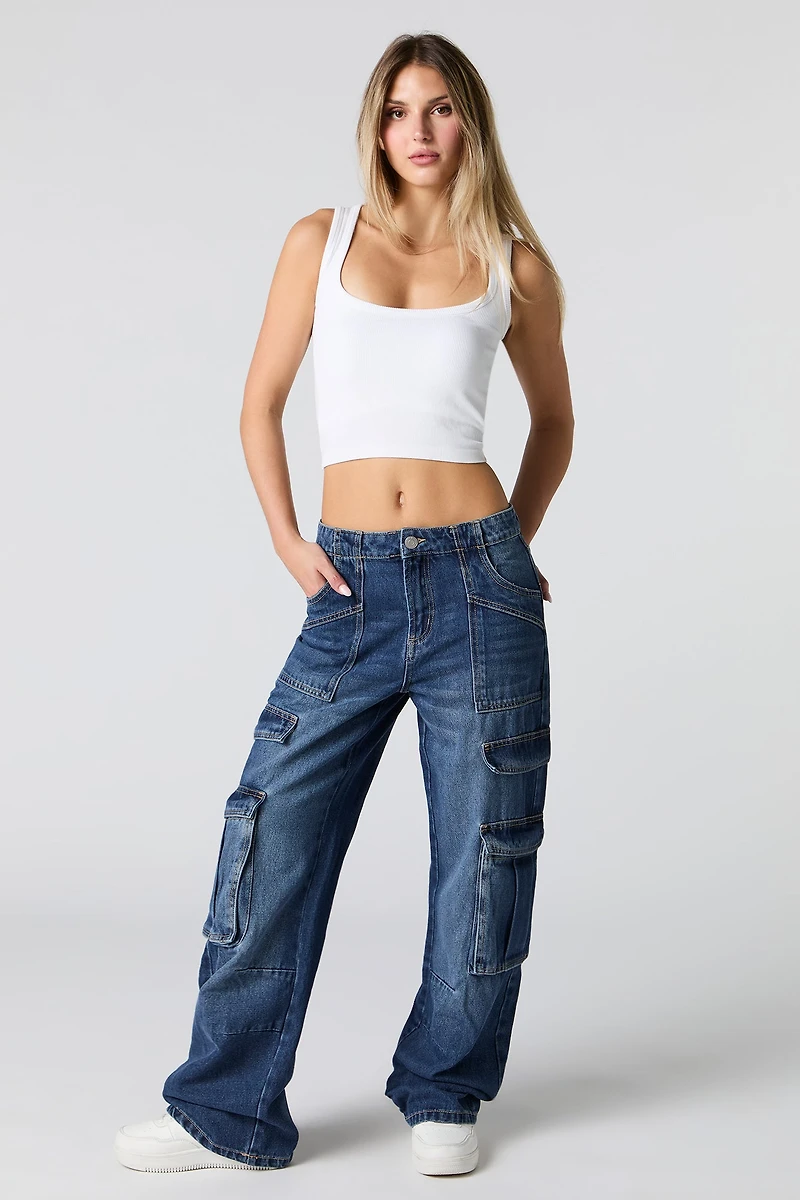 Jean cargo rigide baggy à jambe large et taille haute