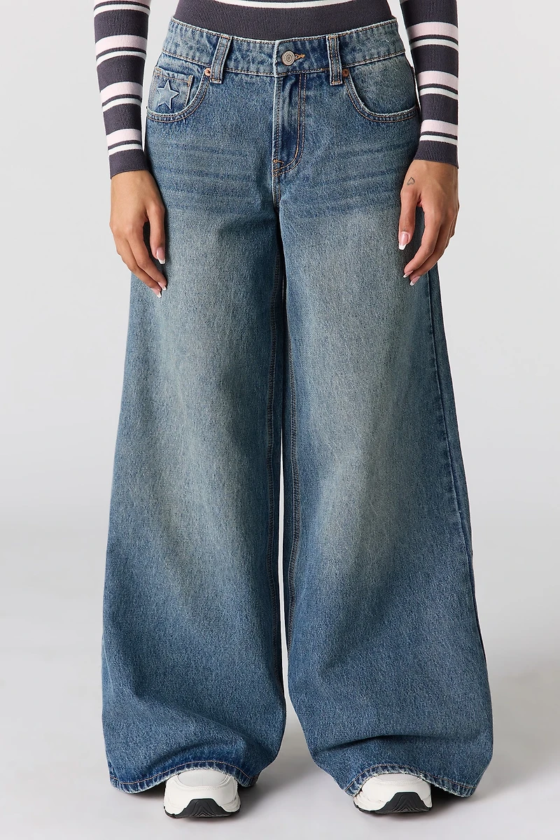 Low Rise Embossed Super Wide Leg Jean