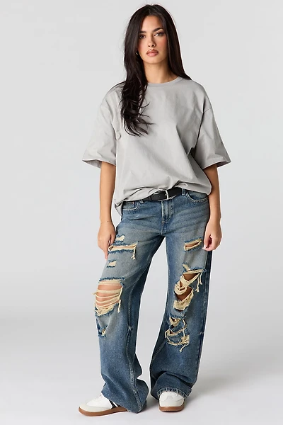 Jean baggy délavé moyen déchiré à taille basse