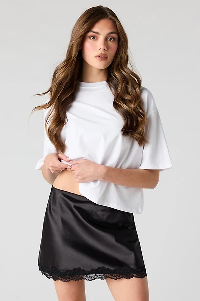 Satin Lace Trim Mini Skirt