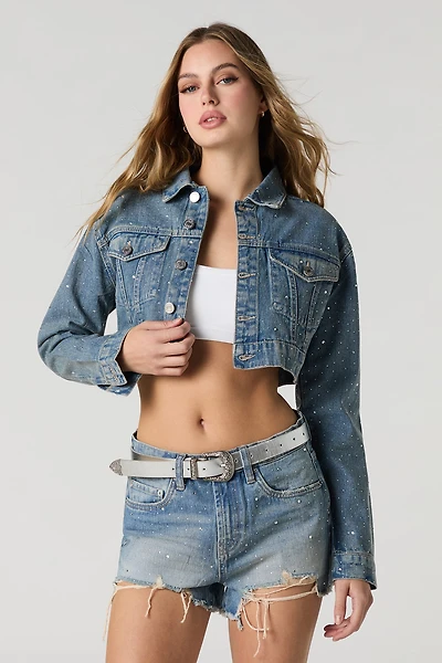 Short en denim d'aspect usé avec pierres du Rhin