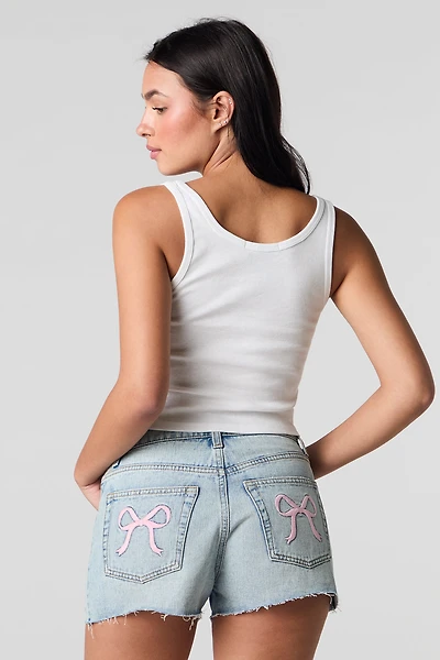 Embroidered Pocket Distressed Denim Short