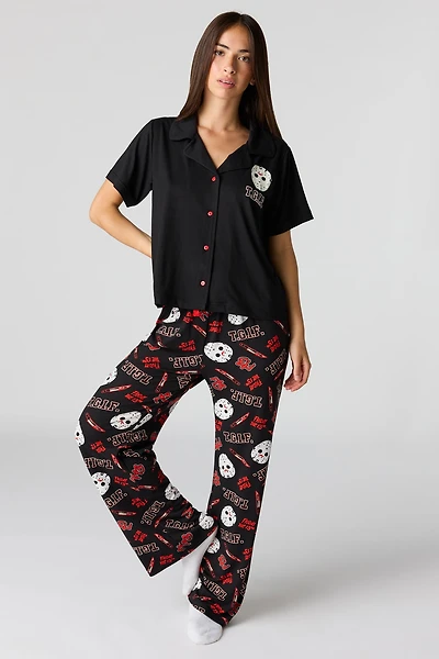 Halloween Printed Button-Up Top & Pajama Pant Set