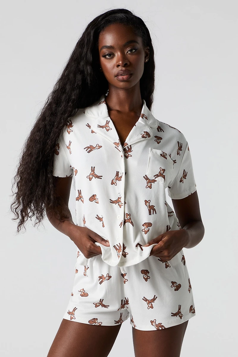 Ribbed Button-Up Top & Short 2 Piece Pajama Set