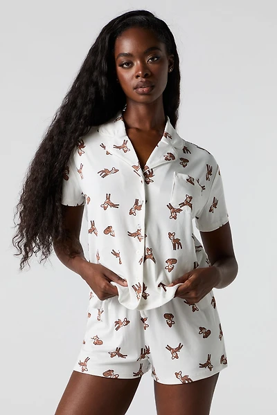Ribbed Button-Up Top & Short 2 Piece Pajama Set