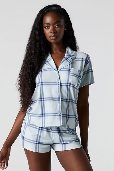 Ensemble-pyjama 2 pièces haut côtelé boutonné et short