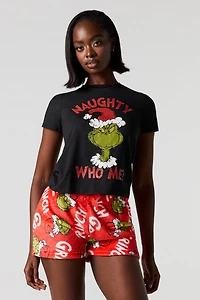 Grinch Printed T-Shirt & Plush Pant Pajama Set