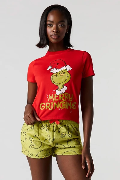 Grinch Printed T-Shirt & Plush Pant Pajama Set
