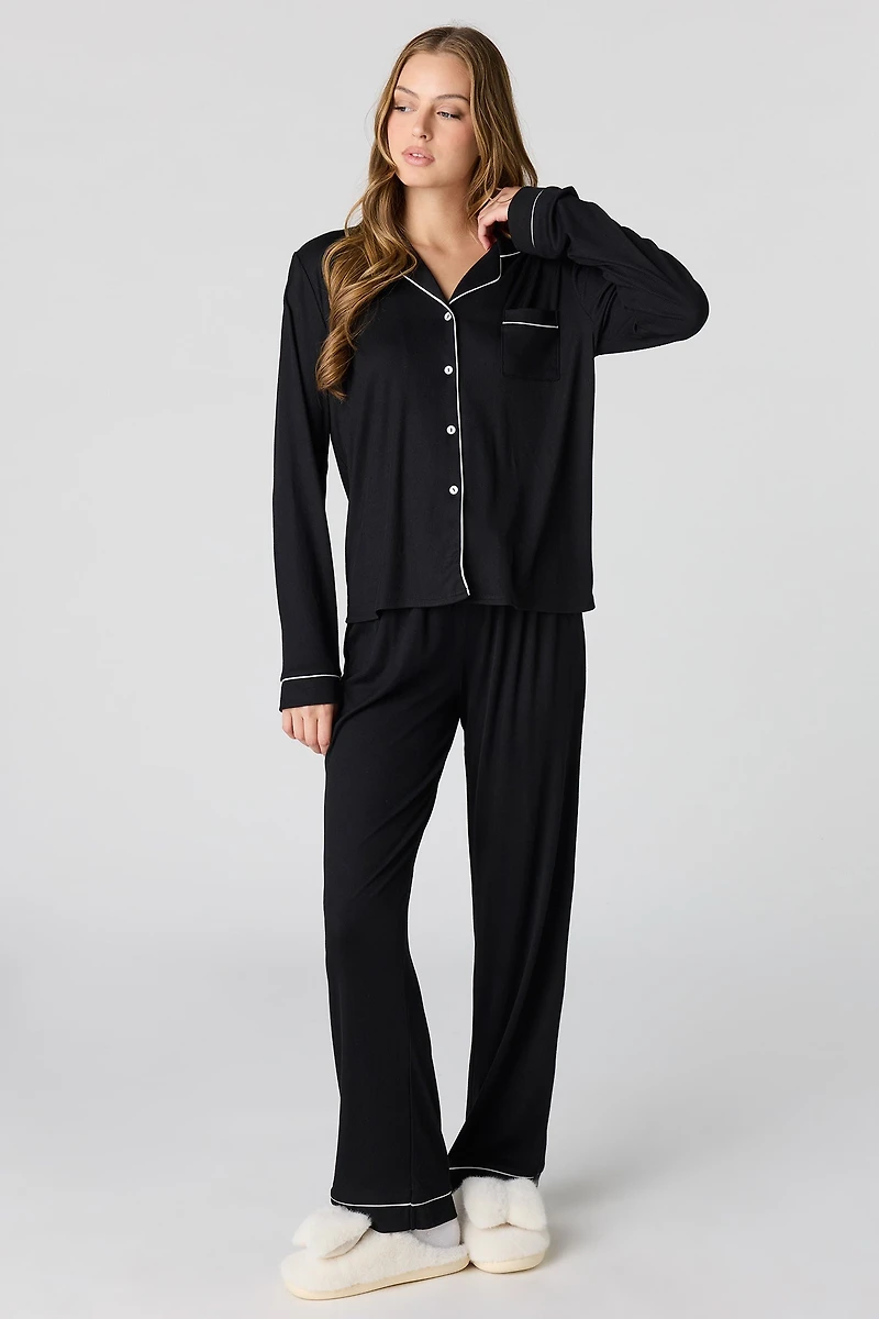 Soft Ribbed Button-Up Top & Pant Pajama Set