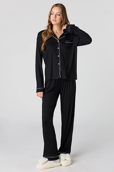 Soft Ribbed Button-Up Top & Pant Pajama Set
