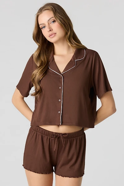 Ensemble pyjama avec haut boutonné côtelé doux et short