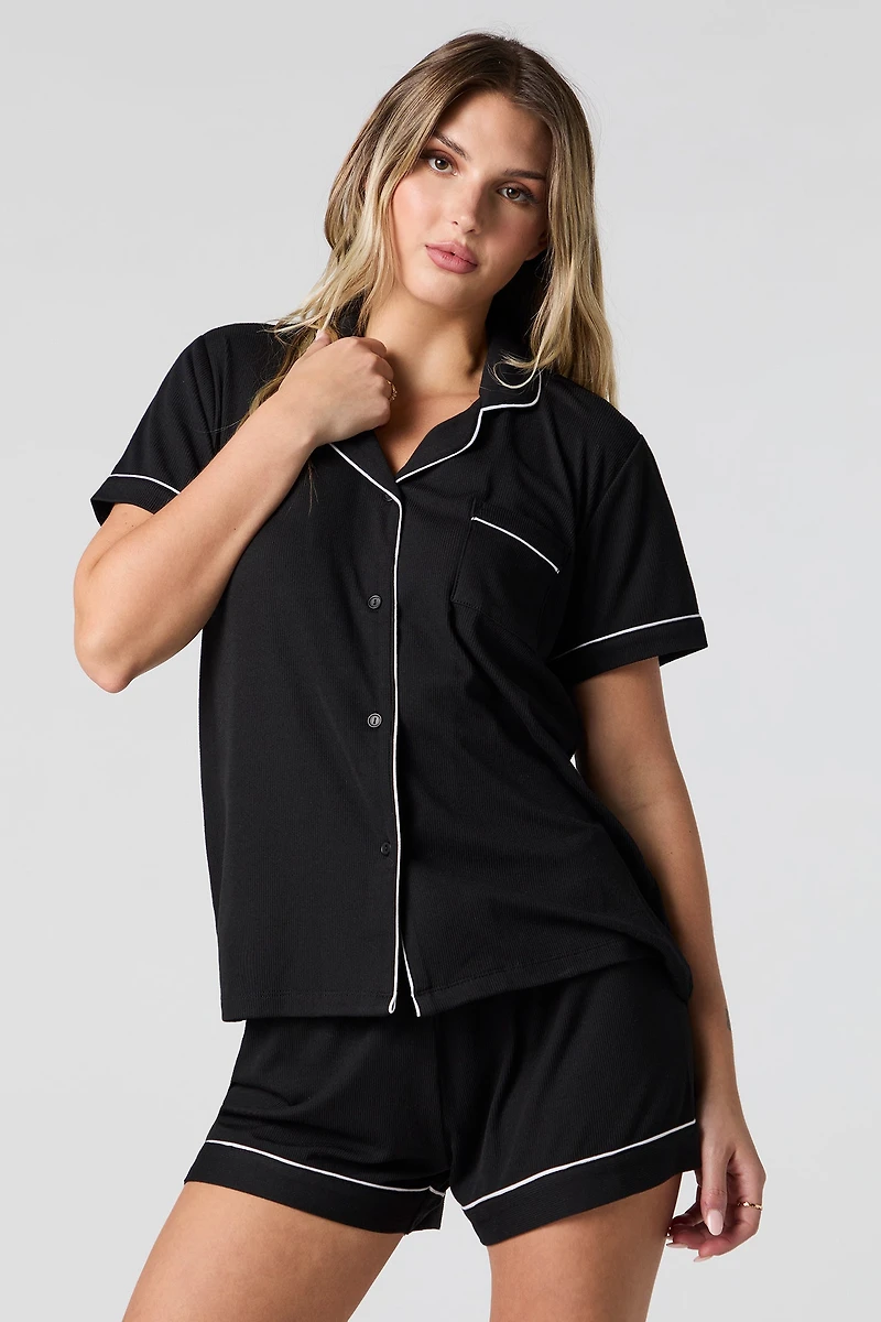 Ribbed Button-Up Top & Short 2 Piece Pajama Set