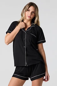 Ribbed Button-Up Top & Short 2 Piece Pajama Set