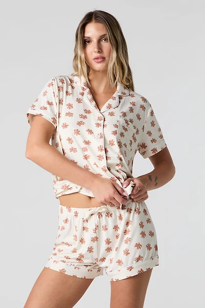 Ribbed Button-Up Top & Short 2 Piece Pajama Set