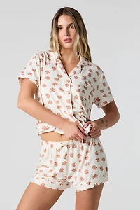 Ribbed Button-Up Top & Short 2 Piece Pajama Set