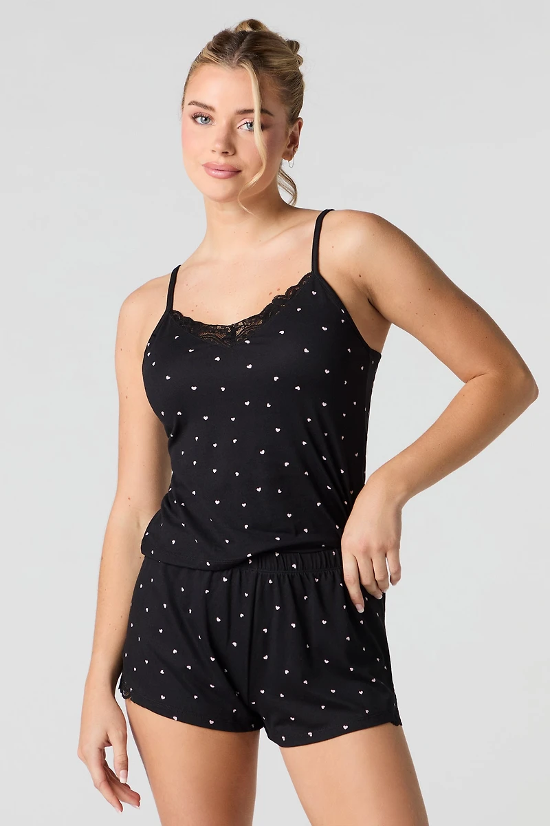 Printed Lace Trim Cami & Short 2 Piece Pajama Set