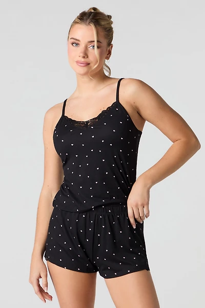 Printed Lace Trim Cami & Short 2 Piece Pajama Set