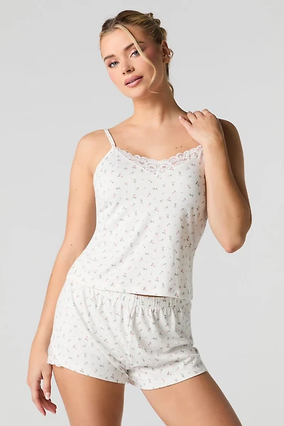 Ensemble-pyjama 2 pièces camisole avec bordure en dentelle et short imprimés