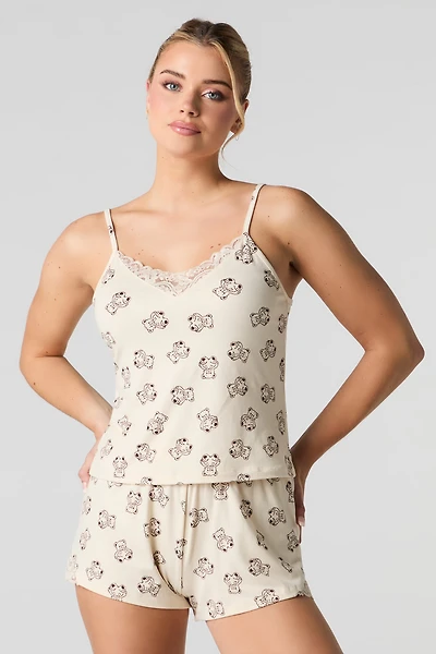 Ensemble-pyjama 2 pièces camisole avec bordure en dentelle et short imprimés