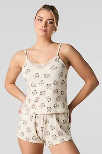 Ensemble-pyjama 2 pièces camisole avec bordure en dentelle et short imprimés