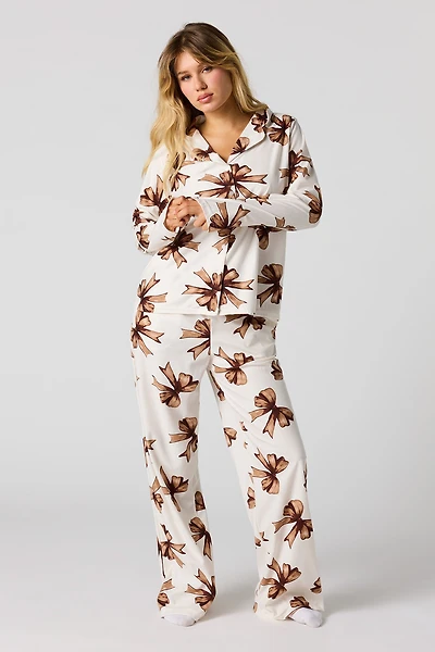 Printed Button-Up Long Sleeve Flannel Top & Pant PJ Set