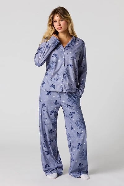 Printed Button-Up Long Sleeve Flannel Top & Pant PJ Set