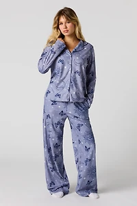 Printed Button-Up Long Sleeve Flannel Top & Pant PJ Set