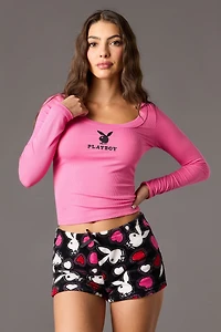 Playboy Ribbed Long Sleeve Top & Plush Short Pajama Set
