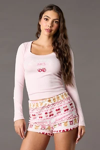 Playboy Christmas Long Sleeve Top & Plush Short Pajama Set