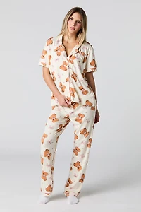 Printed Button-Up T-Shirt & Pant 2 Piece Pajama Set