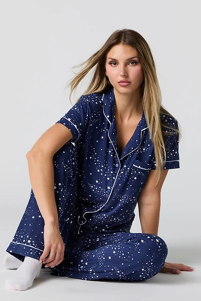 Printed Button-Up T-Shirt & Pant 2 Piece Pajama Set