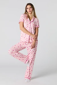 Printed Button-Up T-Shirt & Pant 2 Piece Pajama Set