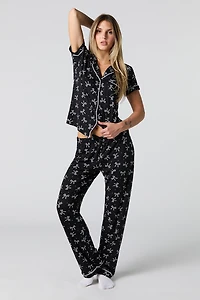 Printed Button-Up T-Shirt & Pant 2 Piece Pajama Set