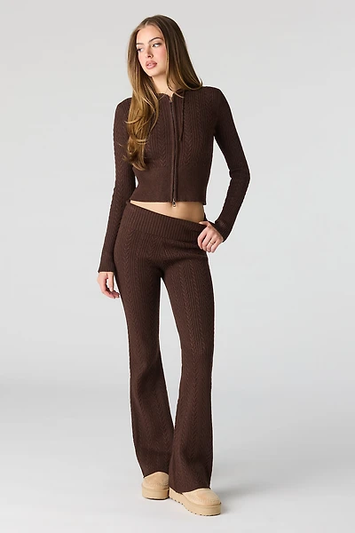 Pantalon à jambe évasée en tricot torsadé avec bande de taille repliée