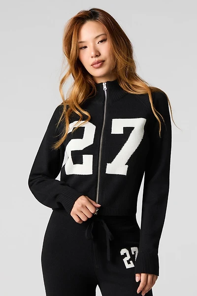 Number Jacquard Knit Zip-Up Sweater