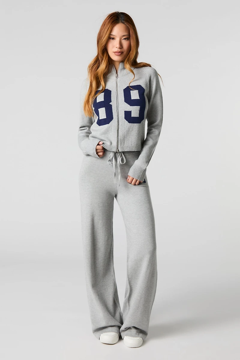 Number Jacquard Knit Zip-Up Sweater