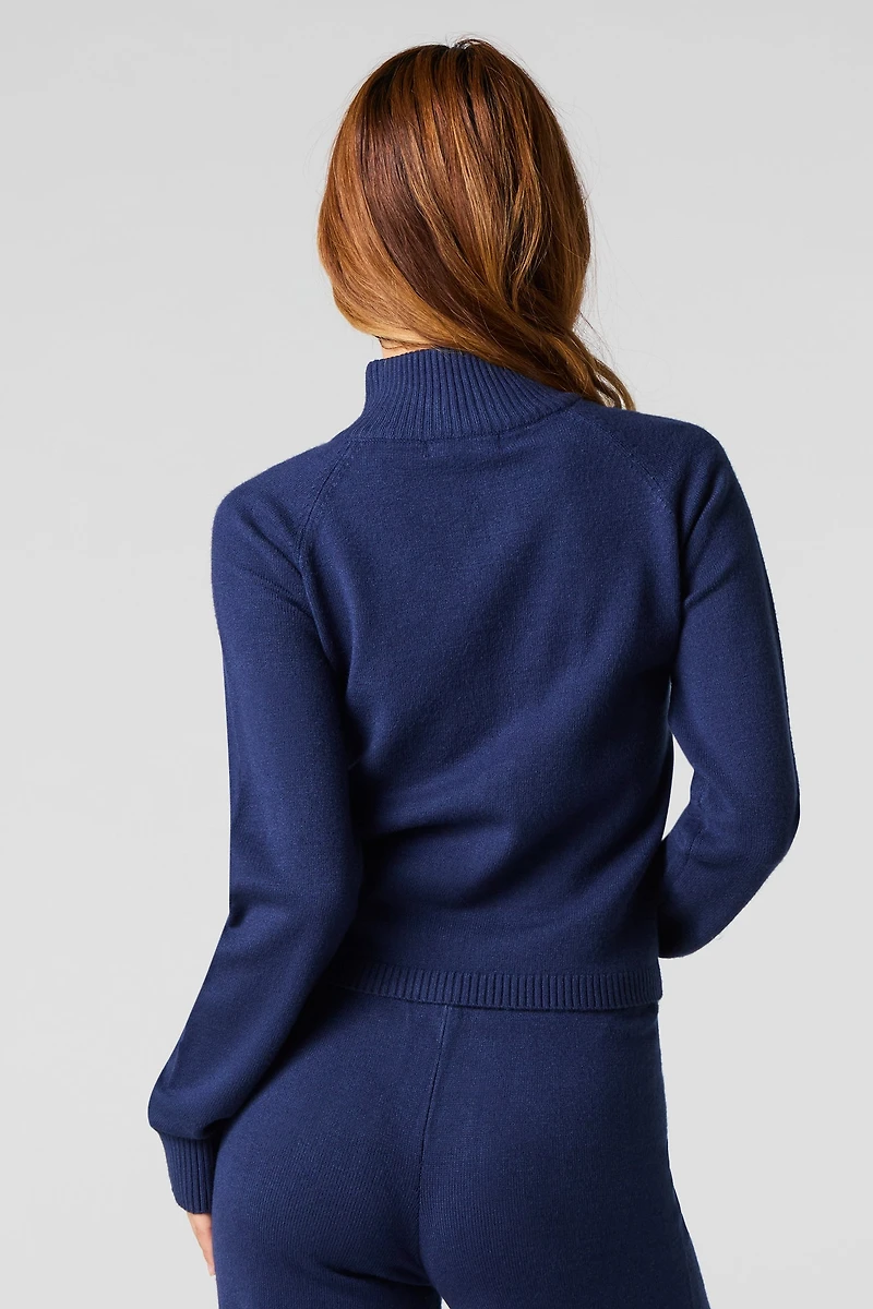 Number Jacquard Knit Zip-Up Sweater