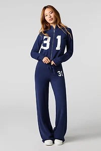 Number Jacquard Knit Zip-Up Sweater