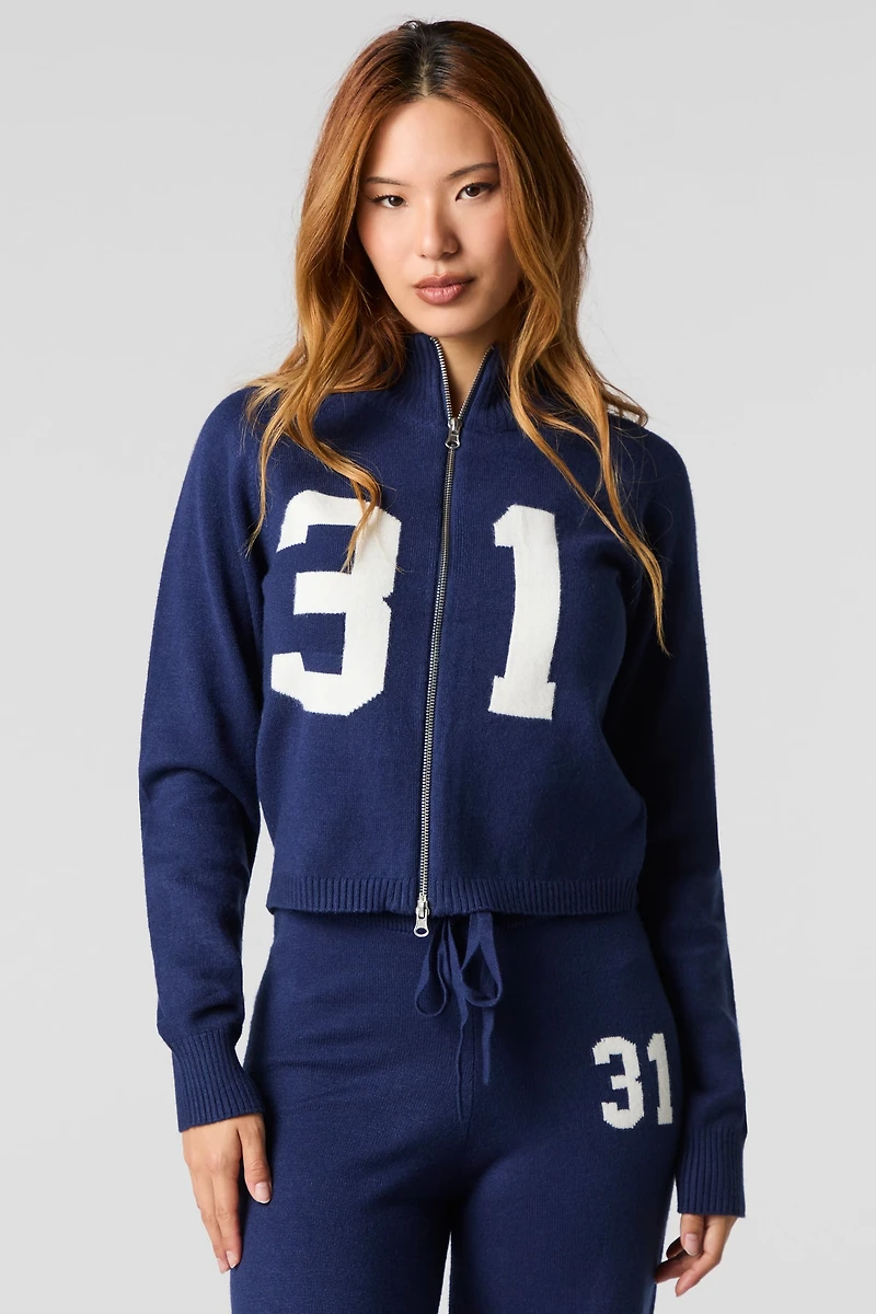 Number Jacquard Knit Zip-Up Sweater