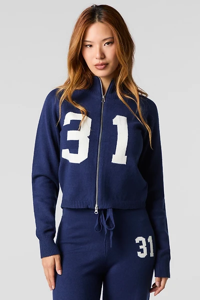 Number Jacquard Knit Zip-Up Sweater