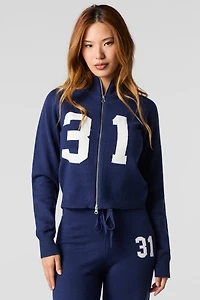 Number Jacquard Knit Zip-Up Sweater