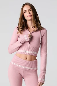 Zip-Up Cropped Knit Hoodie