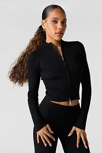 Ribbed 2-Way Zip-Up Long Sleeve Top