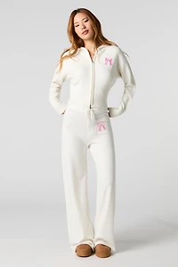 Embroidered Wide Leg Knit Pant
