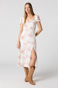 Robe trapèze midi fleurie à manches bouffantes