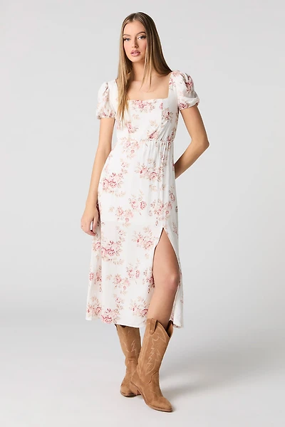 Floral Puff Sleeve A-Line Midi Dress