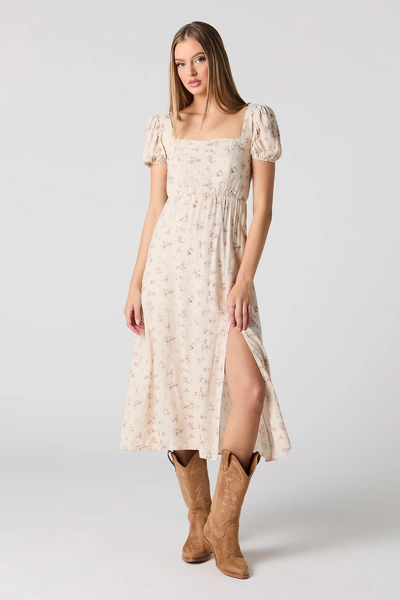Robe trapèze midi fleurie à manches bouffantes